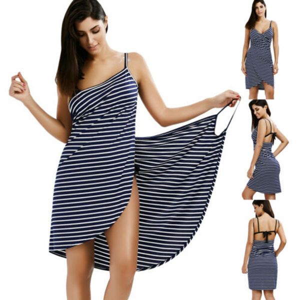 

Fashion Women Striped Swimwear Scarf Beach Cover Ups Wrap Sarong Sling Skirt Maxi Dress Lace Up Backless Female Bathing Suit