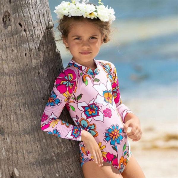 

baby girls one piece swimsuit summer 2020 girls floral print one piece swimwear kids long sleeve sunscreen beach wetsuit a56