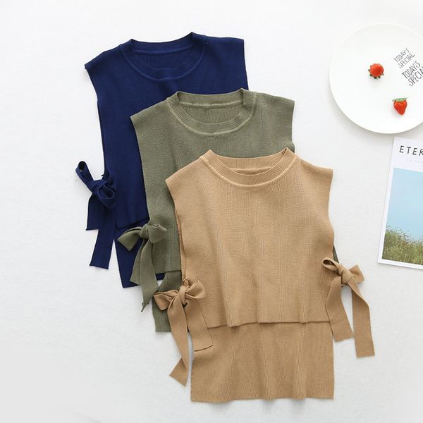 

2019 autumn and winter new tie bow o-neck sleeveless sweater women's vest pullover mxz 54284, Black;white