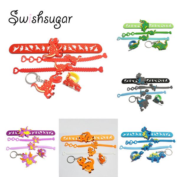 

cartoon dianosaur set rubber bracelet keychain ring slap snap band wristband kids holiday birthday gift favor, Golden;silver