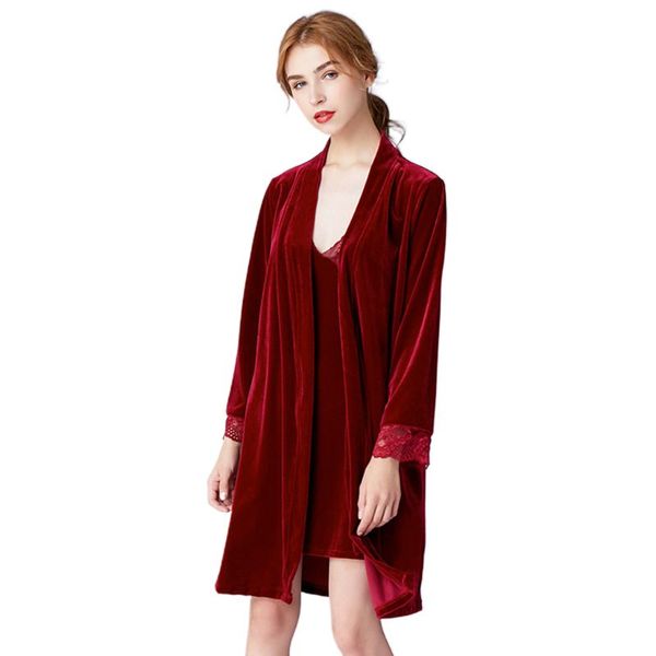 

womens winter velvet set lace trim sleeveless nightgown bath robe c6ud, Black;red