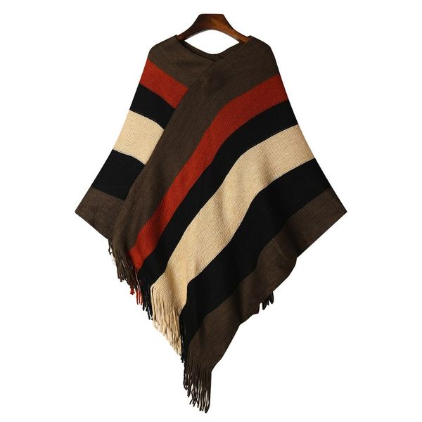 

pull femme 2017 autumn winter women tassel knitted sweater poncho striped v neck irregular hem casual loose pullover jumper, White;black