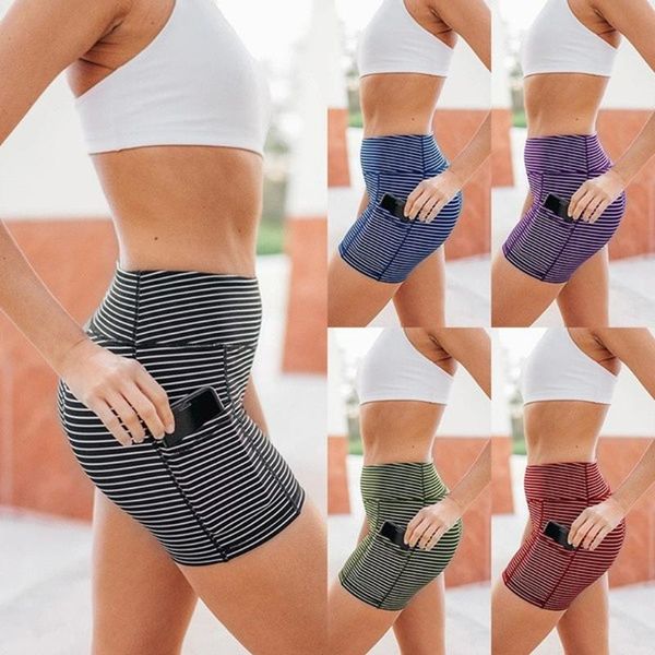 

women casual stripe print pocket high waist and hip lifting stretch running yoga short sports short pants, White;red