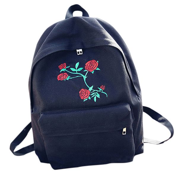 

fashion women canvas rose flower embroidery cute backpack student teenage girls school bags travel shoulder bag black rucksack