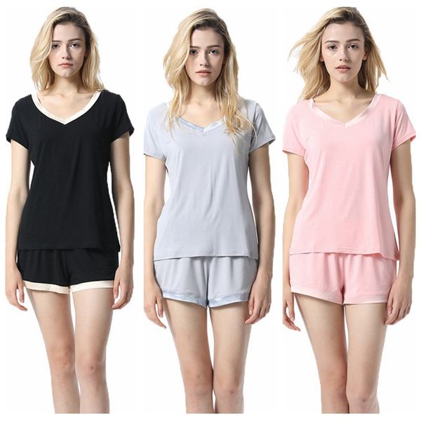 

modal simple and generous pajamas suit female summer v-neck short-sleeved shorts loose wear home service y811, Blue;gray