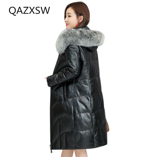 

2018 new women's winter leather jacket leather down coat large fur collar hooded outer over the knee long thick warm coat lb131, Black