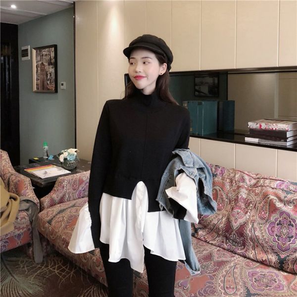 

autumn fashion hit color patchwork women's sweater turtleneck flare sleeve side split female sweater 2019 new, White;black