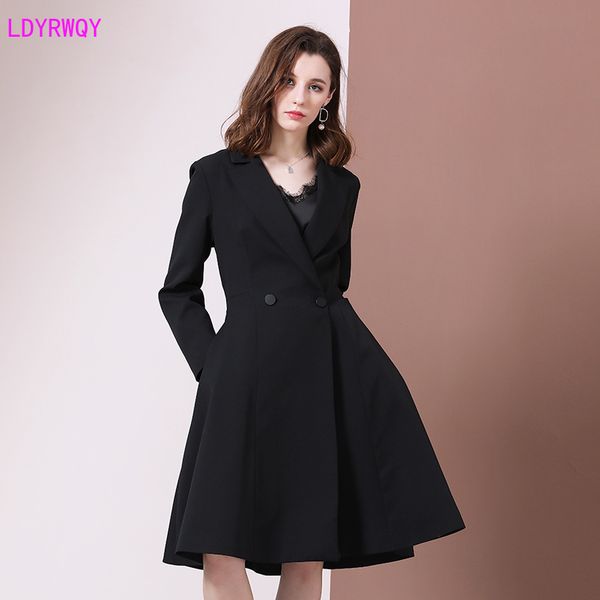 

2019 autumn new women's jacket european and american style fashion atmosphere double-breasted women's long section, Tan;black