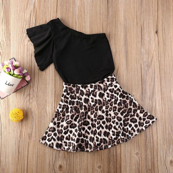 

2020 summer newborn clothing costume 2pcs toddler kids baby girls clothes set one shoulder short sleeve leopard skirt, White