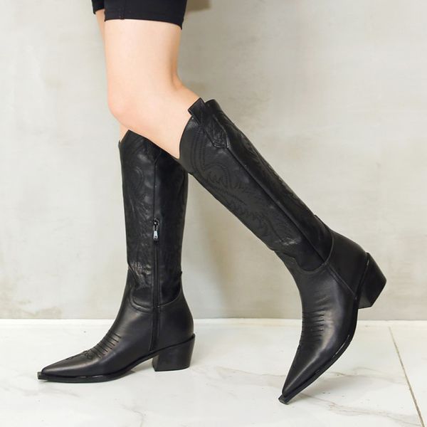 

2019 genuine leather western cowgirl boots women boots pointed toe real cowhide leather cowboy cossacks femal shoes, Black