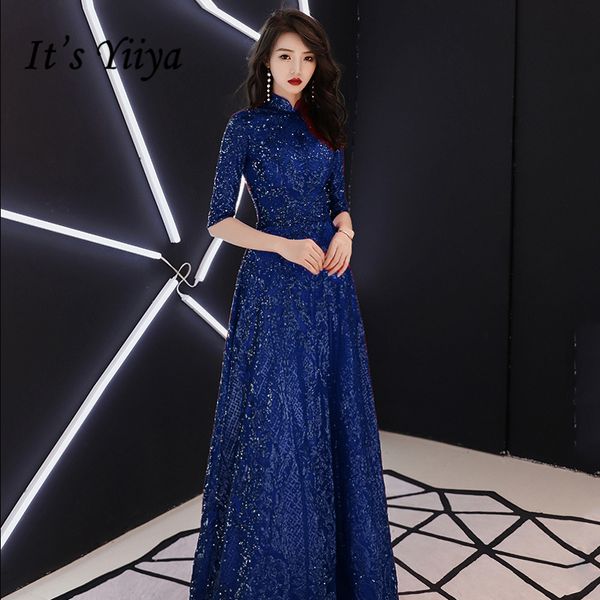 

it's yiiya evening dresses elegant turtleneck sequined floor-length party dress simple lace a-line zipper back formal gown e395, White;black