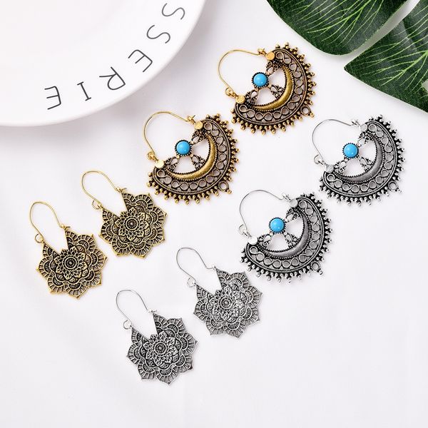 

2019 new fashion simple vintage ethnic earrings temperament personality hollowed turquoise pattern earrings ear jewelry party gifts, Silver