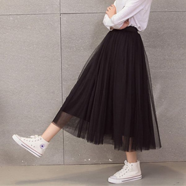 

spring fashion faldas korean style big swing maxi skirts womens jupe high waist tutu long solid color tulle skirt mz1426g, Black;gray