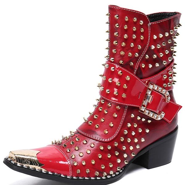 

men's fashion martin half boots cowboy knight western motorcycle nappa leather casual british booties mid-calf rivet metallic toe shoes, Black