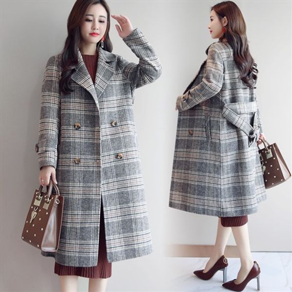 

fashion lattice woolen coat female trend ladies coats double-breasted coat autumn winter new cashmere 1380, Black