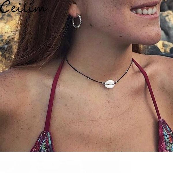 

natural summer beach shell choker necklace black rope chain woven silver color beads shell necklace for women accessories jewelry gifts