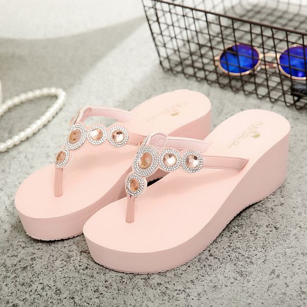 

high-heeled slippers non-slip clip wedge heel sandals and slippers rhinestones thick-bottomed flip flops women beach shoes woman, Black