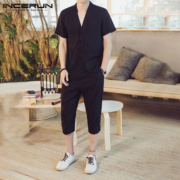 

men's tracksuits incerun vintage suits mens short sleeve v neck blouse drawstring calf pants sets chinese style buttons summer cotton, Gray