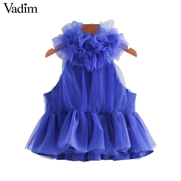 

vadim women ruffled mesh crop sleeveless pleated short blouse party club blue chic casual shirt blusas wa464, White