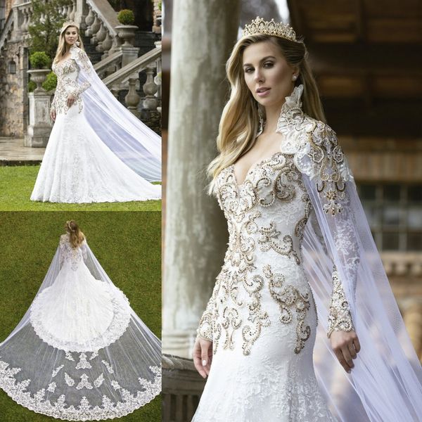 

royal wedding dresses with wrap 2020 long sleeve lace appliques bead country bridal gowns v neck modest wedding dress vestido de novia, White
