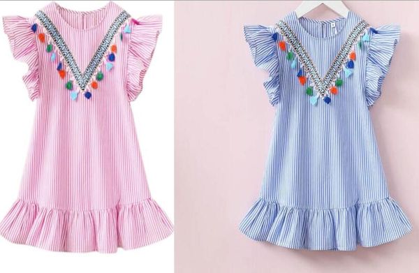 

summer girls tassel flying sleeve dresses stripe cute kids party dresses for kids girls princess dress clothes, Red;yellow