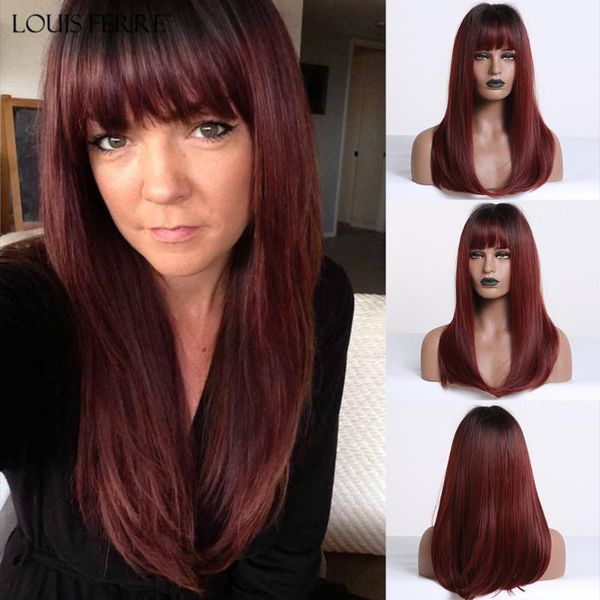 

louis ferre long straight synthetic wigs with bangs ombre black wine red cosplay hair wig for black women afro heat resistant