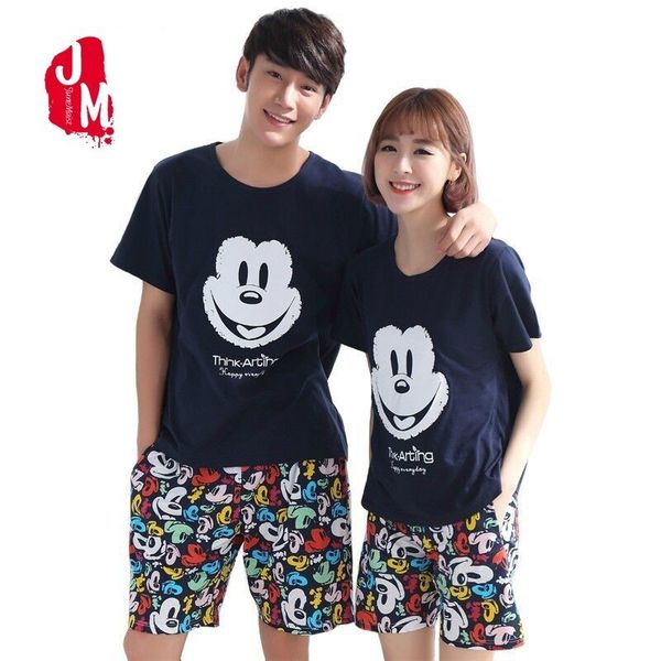 

summer shorts pajamas set 100% cotton couple round neck colorful home wear lovers man woman cartoon cure pyjamas 5xl, Black;red