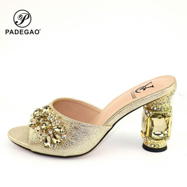 

new arrival square heels african women shoes sandals with rhinestone fashion design shoes italian for party in gold, Black