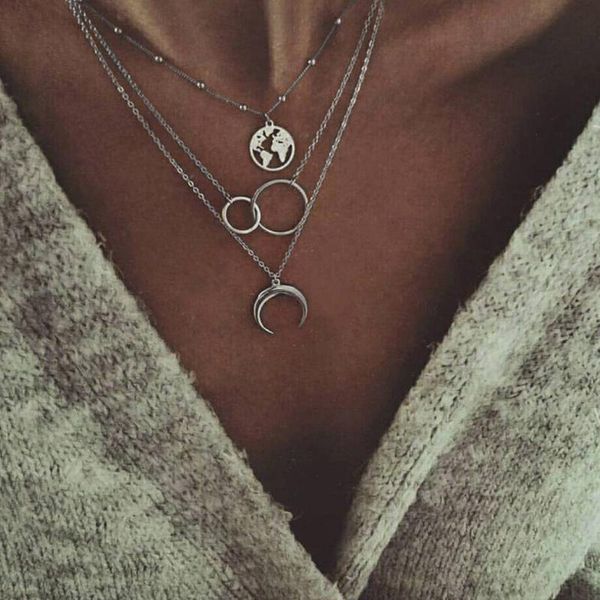 

selling necklace fashion multilayer moon map necklace women's cool bohemian style retro, Black