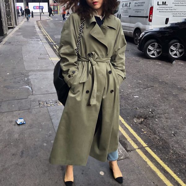 

2019 autumn new women's casual trench coat oversize double breasted vintage washed outwear loose clothing ym600, Tan;black