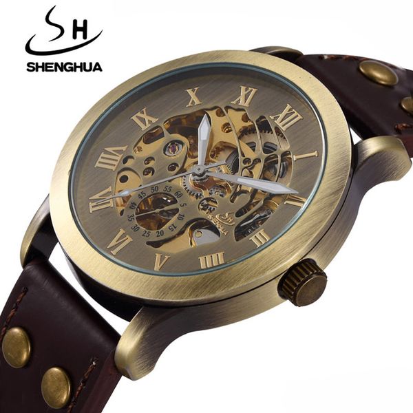 

luxury designer watch retro hollow automatic mechanical watch leather strap fashion watch, Slivery;brown
