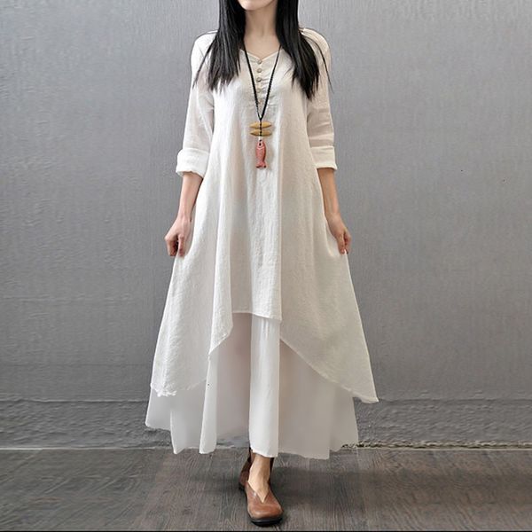 

womens clothing maxi dresses white long sleeve 2 layer maxi plus size ethnic baggy irregular hem casual spring summer dress 2019 vestidos, Black;gray