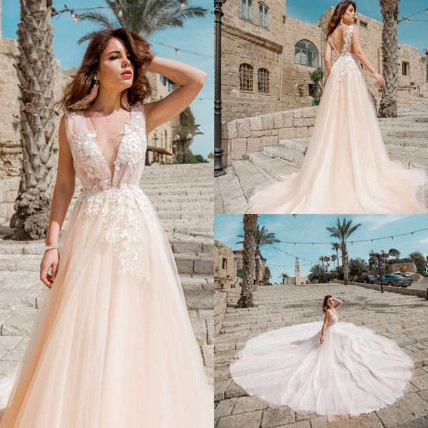 

2019 bohemian wedding dresses v neck backless a line lace sweep train beach wedding dress plus size boho bridal gowns floral appliques, White
