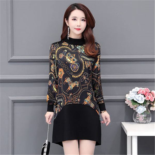 

2019 spring autumn new long-sleeved large size loose printed fake two-piece dress women vestidos femme x481, Black;gray