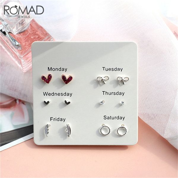 

romad simple cute earrings set for women fashion jewelry mixed one week earring 6 pairs/set star heart lips shape rhinestone r4, Golden;silver