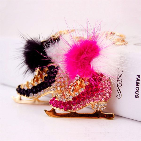 

new roller skates shoe crystal keychain handbag pendant keys holder rhinestone keyring shoes pompom keychain jewelry, Silver