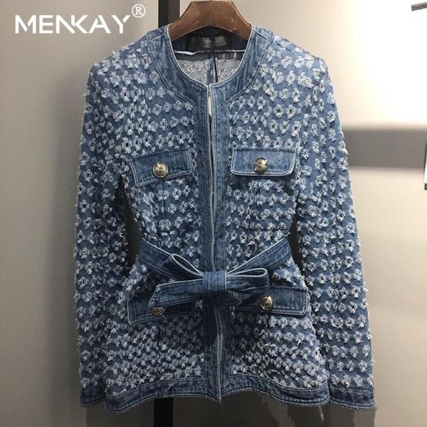 

[menkay] vintage women jean jacket witrh belt 2019 autumn long sleeve pockets denim jackets women loose outwear female, Black;brown