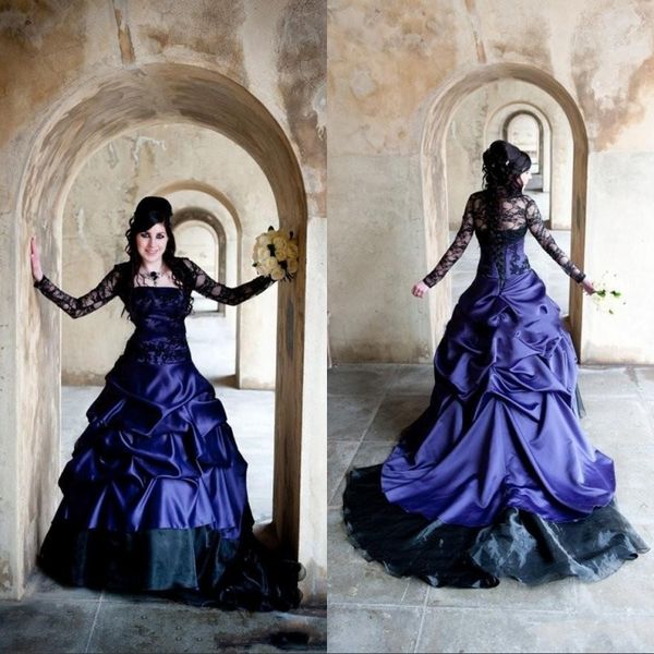 

vintage victorian gothic plus size long sleeve wedding dresses purple and black ruffles satin corset strapless lace bridal gowns, White