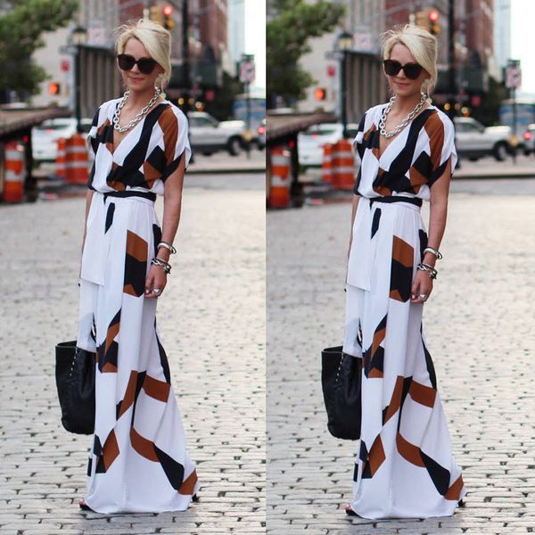 

boho summer print long dress women ladies short sleeve v-neck high split sashes maxi dresses evening party sundress, White;black