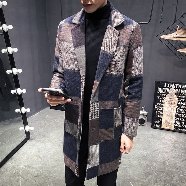 

новая зимняя мода однобортный контраст цвет плед slim fit длинные пальто мужчины плюс размер лоскутная мужские шинель, Black