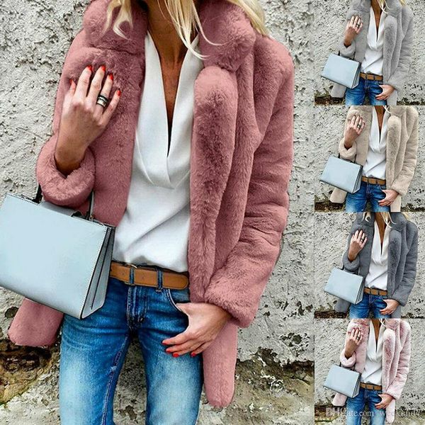 

yiyalian 4000# 6 colour s-3xl women's winter faux fur coats long sleeve fluffy jacket solid casual warm coat, Black