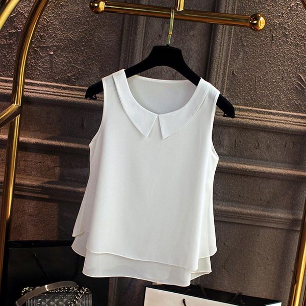 

large size blouse shirt women 2019 female solid color double layer chiffon shirts casual sleeveless loose plus size clothing, White