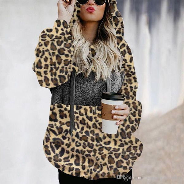 

leopard women designer hoodies winter fleece long sleeve hooded ladies sweatshirts loose patchwork color casual women clothes, Black