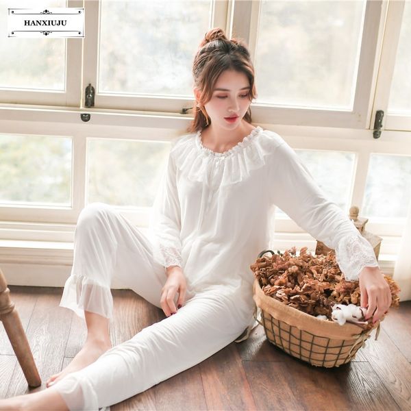 

2019 spring autumn soft modal women's pajamas sets vintage sweet female white lace pyjamas long sleeve sleepwear suits 8169, Blue;gray