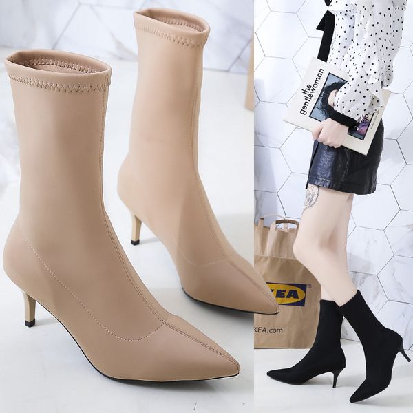 

new pointed toe lycra elastic female mid calf boots autumn winter high heels stiletto stiletto botas zapatos de mujer boots, Black
