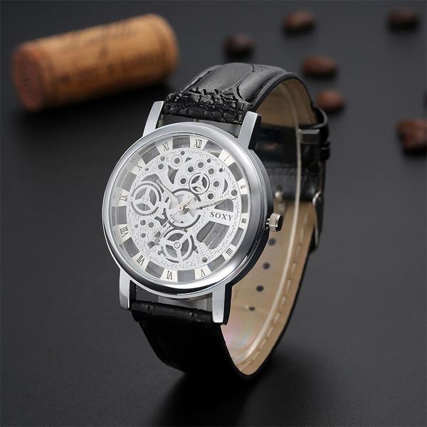 

soxy unique skeleton gold watch relogio masculino men watch fashion men's leather strap clock montre homme, Slivery;brown