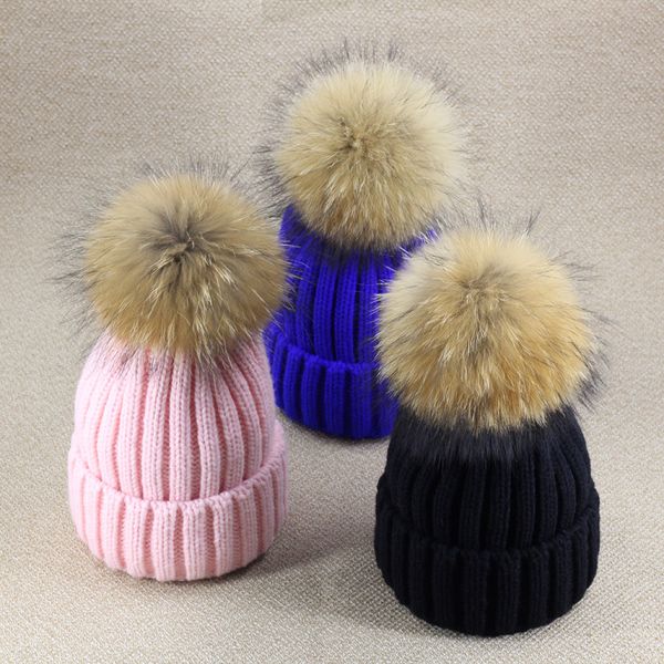 

parent and child-solid color crimping knitted hat korean-style large raccoon fur ball wool hat women's thick warm fur clothing h, Yellow