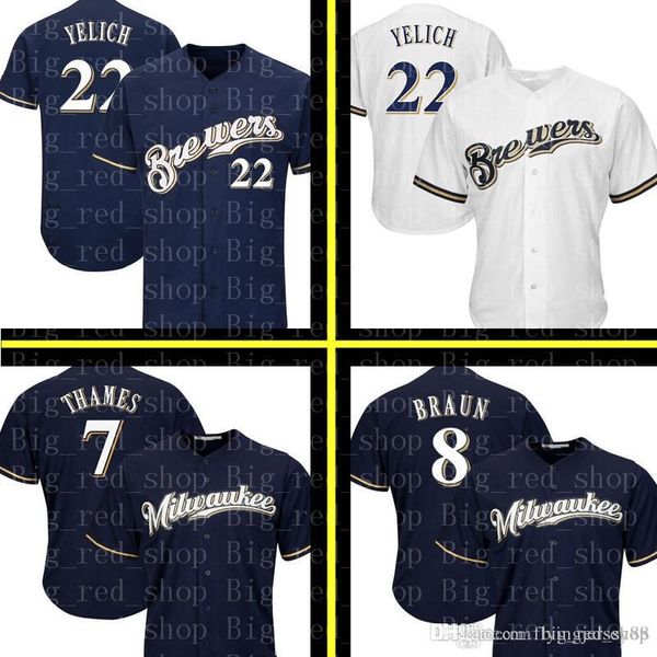

Milwaukee 22 Christian Yelich Brewers Jersey 8 Ryan Braun 7 Eric Thames 19 Robin Yount Embroidery Baseball Jerseys Free Shipping