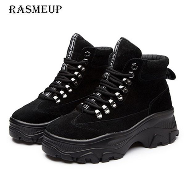 

rasmeup genuine leather women's boots winter plush warm ankle boots for women 2018 fashion platform combat woman shoes, Black