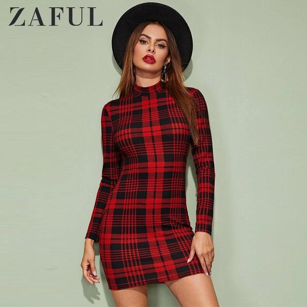 

zaful winter dress women vintage plaid houndstooth bodycon mini dress 2019 cocktail mock neck sheath party christmas dress, Black;gray
